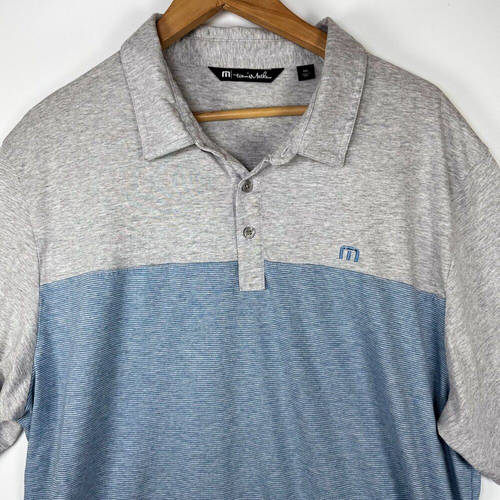 Travis Mathew Polo Shirt Mens XXL Gray Blue‎ Colorblock Stripe Golf Casual - Picture 4 of 13